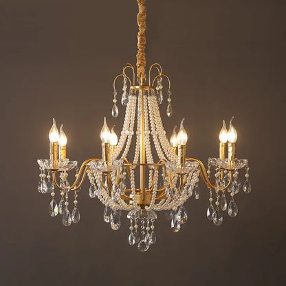 French pearl chandelier gold 6 light crystal living room pendant