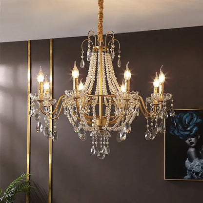 French pearl chandelier gold 6 light crystal living room pendant
