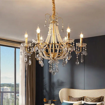 French pearl chandelier gold 6 light crystal living room pendant