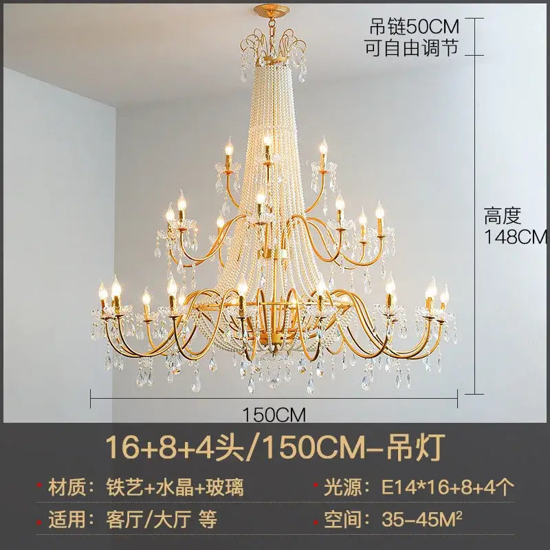 French pearl chandelier gold 6 light crystal living room pendant