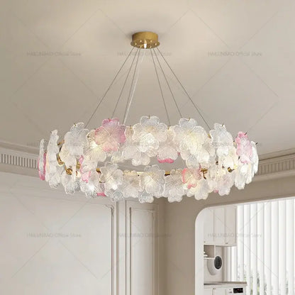 French petals crystal chandelier light white & pink dining room
