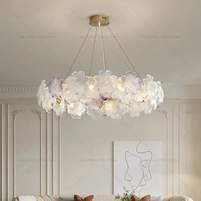 French petals crystal chandelier light white & pink dining room