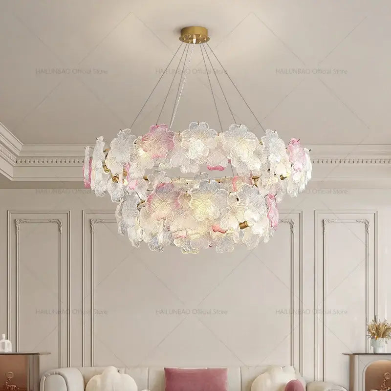 French petals crystal chandelier light white & pink dining room