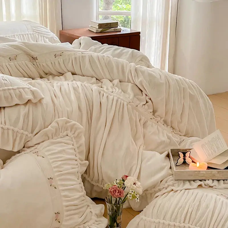 French pleat lace cream velvet duvet cover bedroom bedding set