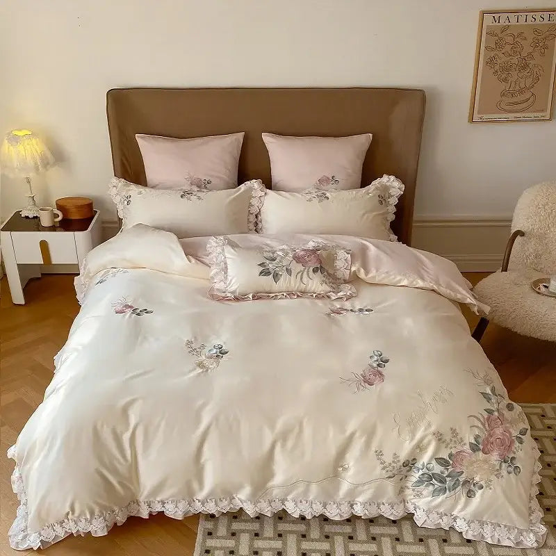 French princess 1000tc cream & pink floral bedding set bedroom ruffles