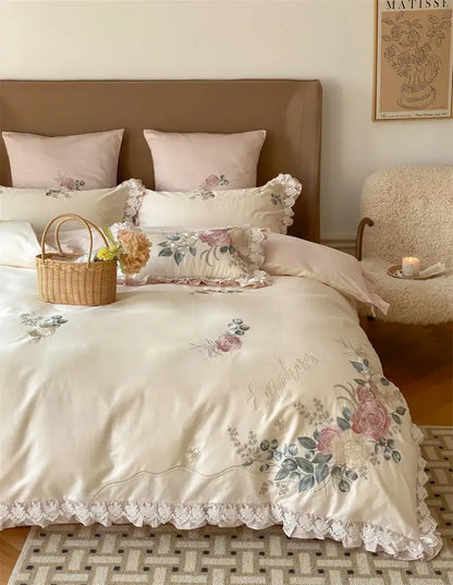 French princess 1000tc cream & pink floral bedding set bedroom ruffles