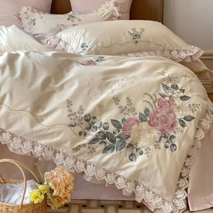 French princess 1000tc cream & pink floral bedding set bedroom ruffles