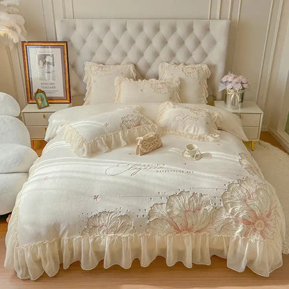 DecorBites™ French Princess Wedding Bedding Set, Lace Ruffles, Flowers Embroidery.