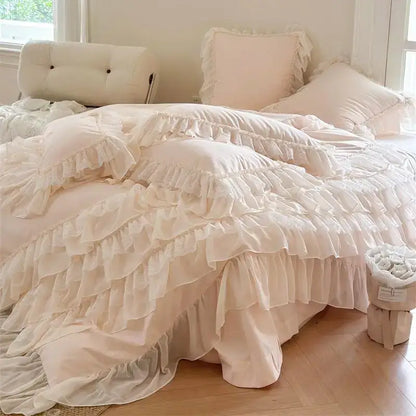 French princess cream ruffled bedding set bedroom lace bedspread