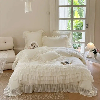 French princess cream ruffled bedding set bedroom lace bedspread