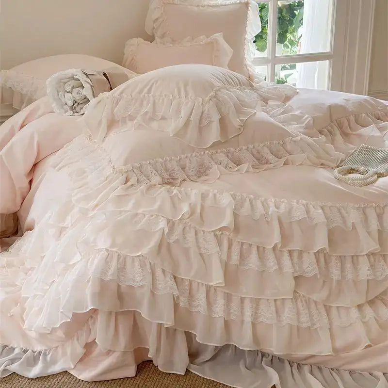 French princess cream ruffled bedding set bedroom lace bedspread