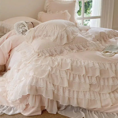 French princess cream ruffled bedding set bedroom lace bedspread