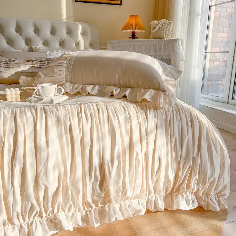French princess cream satin bedding set with flower embroidery bedroom