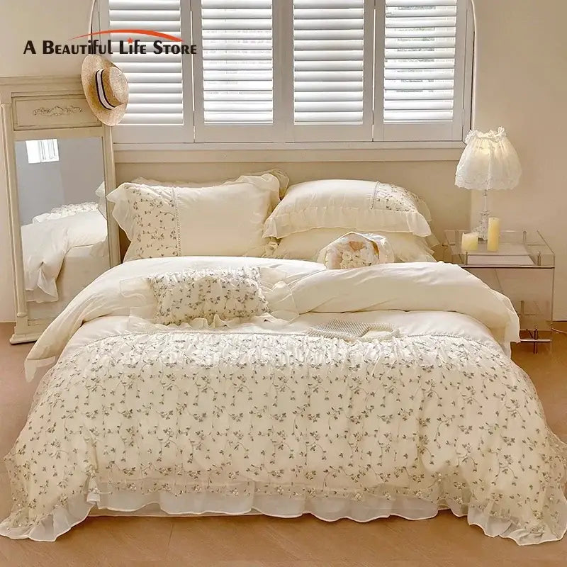 French princess floral lace ruffles bedding set bedroom decor