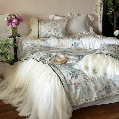 French princess ivory & green lace ruffles bedding set bedroom