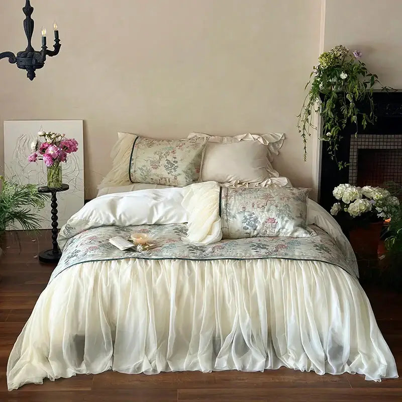 French princess ivory & green lace ruffles bedding set bedroom