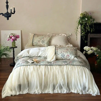 French princess ivory & green lace ruffles bedding set bedroom