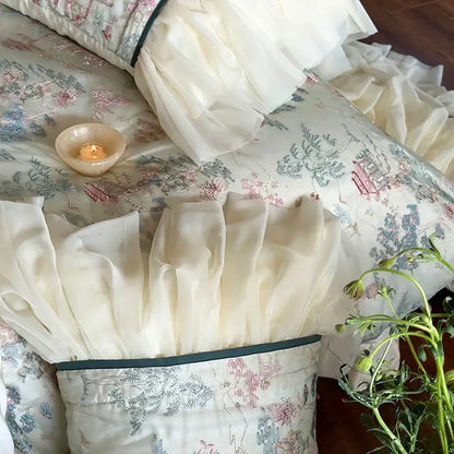 French princess ivory & green lace ruffles bedding set bedroom