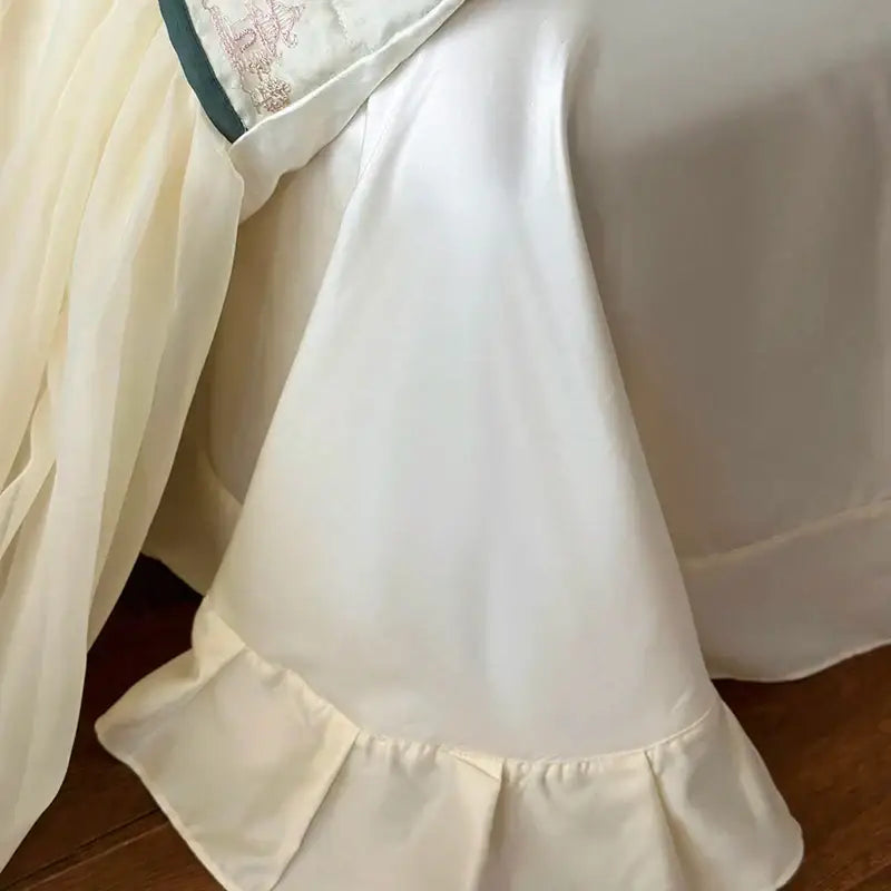 French princess ivory & green lace ruffles bedding set bedroom