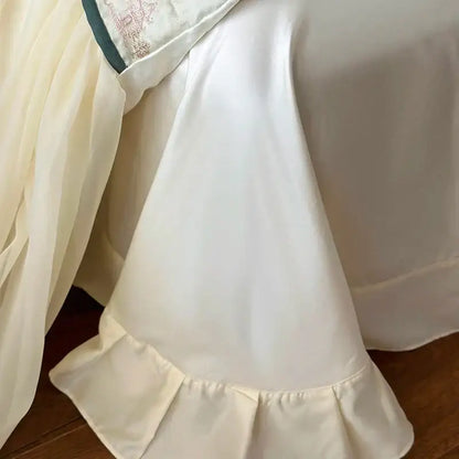 French princess ivory & green lace ruffles bedding set bedroom