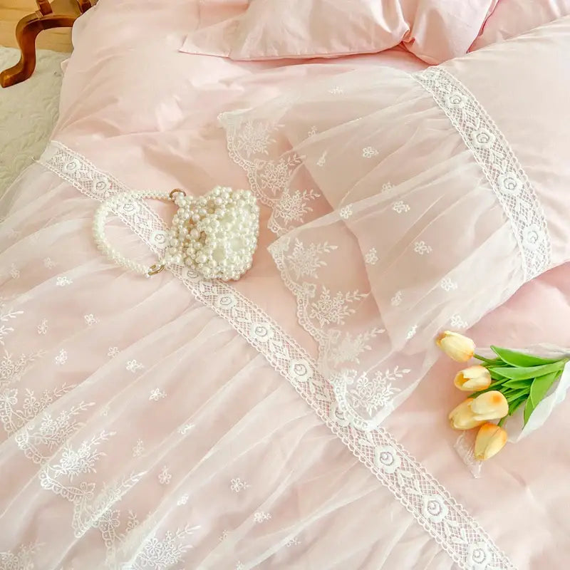 French princess lace pink bedding set – bedroom ruffled cotton