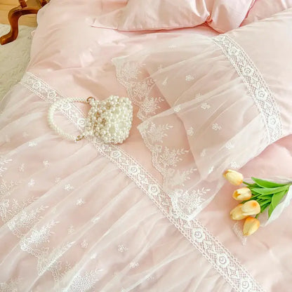 French princess lace pink bedding set – bedroom ruffled cotton