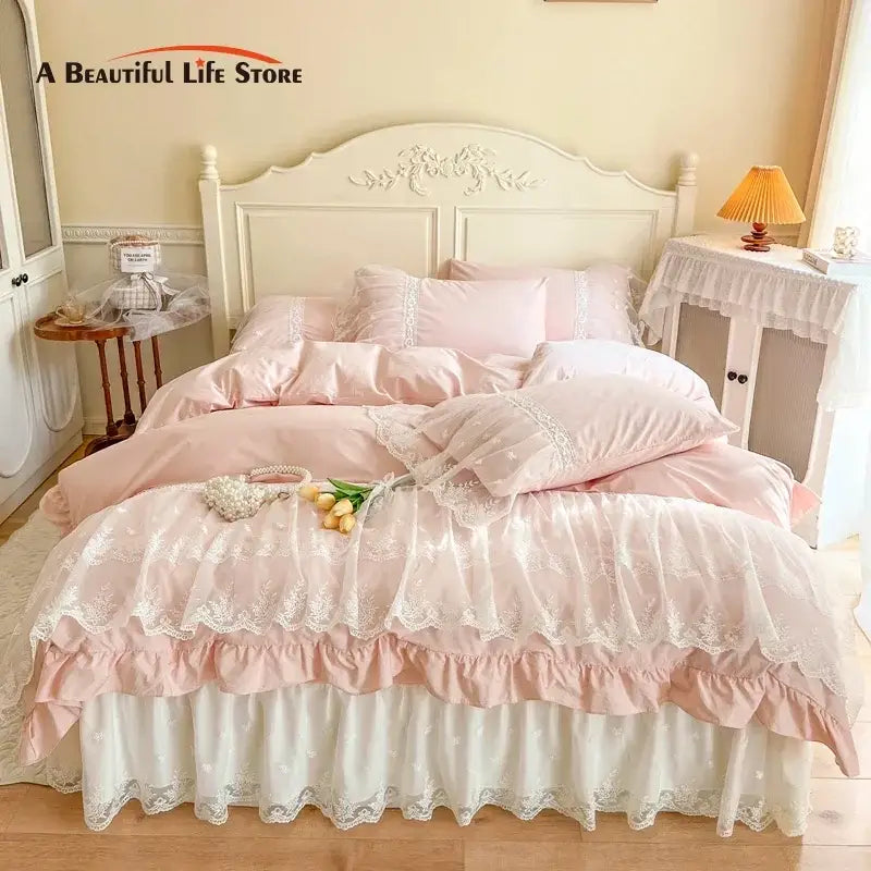 French princess lace pink bedding set – bedroom ruffled cotton