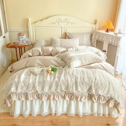 French princess lace pink bedding set – bedroom ruffled cotton