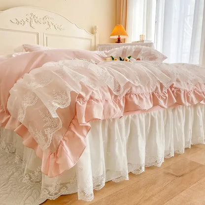 French princess lace pink bedding set – bedroom ruffled cotton