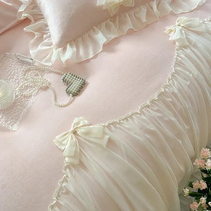 French princess lace pink velvet bedding set bedroom ruffles and bows