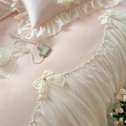French princess lace pink velvet bedding set bedroom ruffles and bows