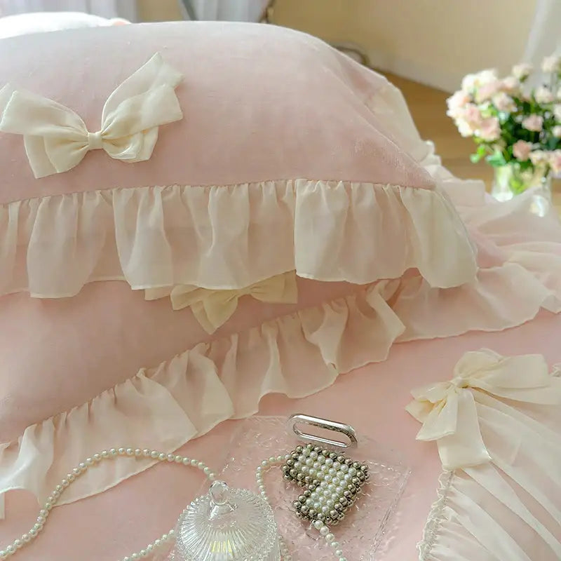 French princess lace pink velvet bedding set bedroom ruffles and bows