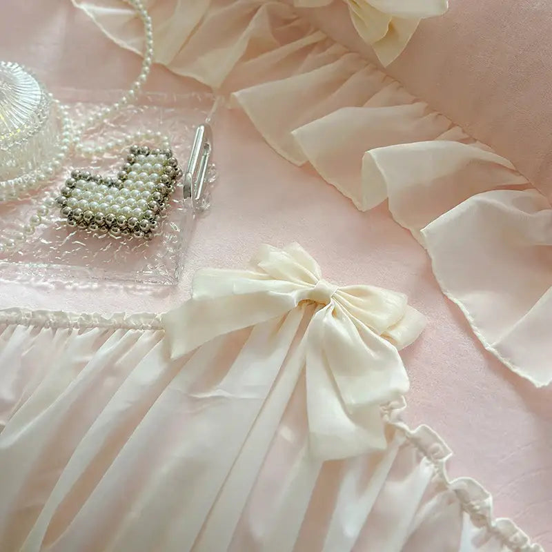 French princess lace pink velvet bedding set bedroom ruffles and bows