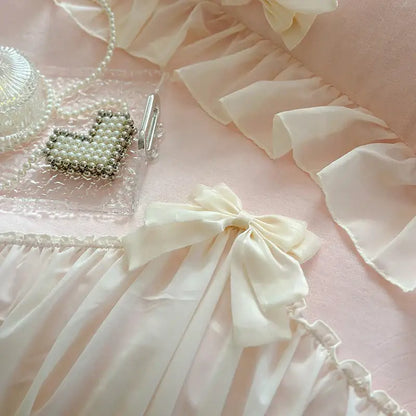 French princess lace pink velvet bedding set bedroom ruffles and bows
