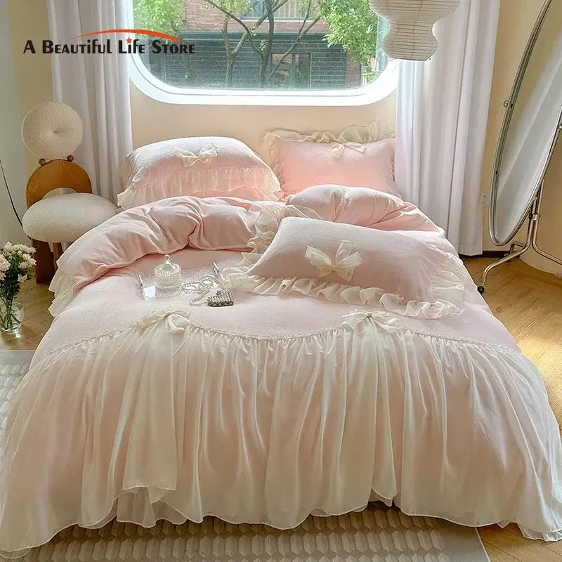 French princess lace pink velvet bedding set bedroom ruffles and bows