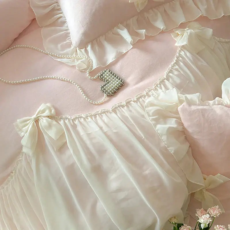 French princess lace pink velvet bedding set bedroom ruffles and bows