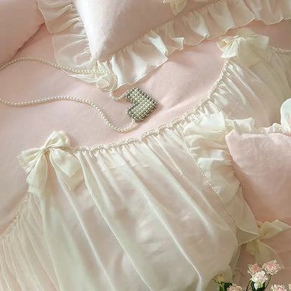 French princess lace pink velvet bedding set bedroom ruffles and bows