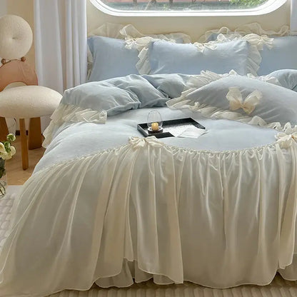 French princess lace pink velvet bedding set bedroom ruffles and bows