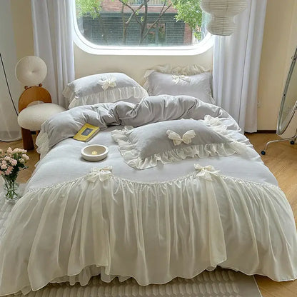 French princess lace pink velvet bedding set bedroom ruffles and bows