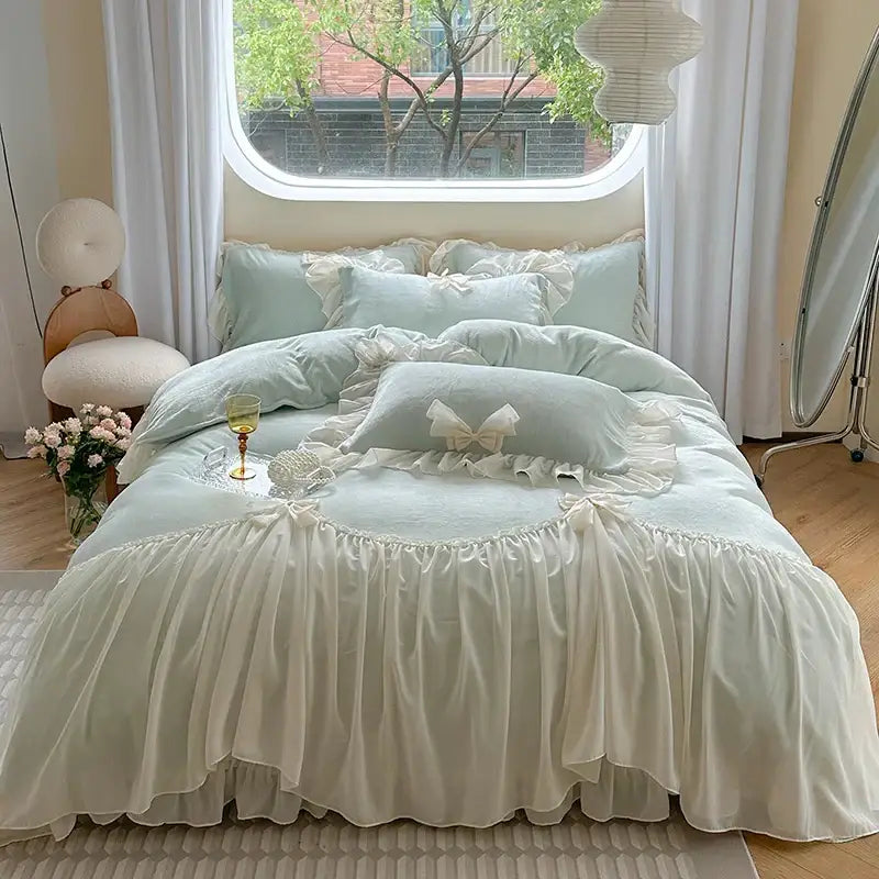 French princess lace pink velvet bedding set bedroom ruffles and bows
