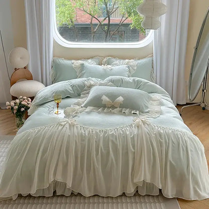 French princess lace pink velvet bedding set bedroom ruffles and bows