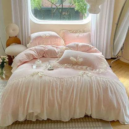 French princess lace pink velvet bedding set bedroom ruffles and bows