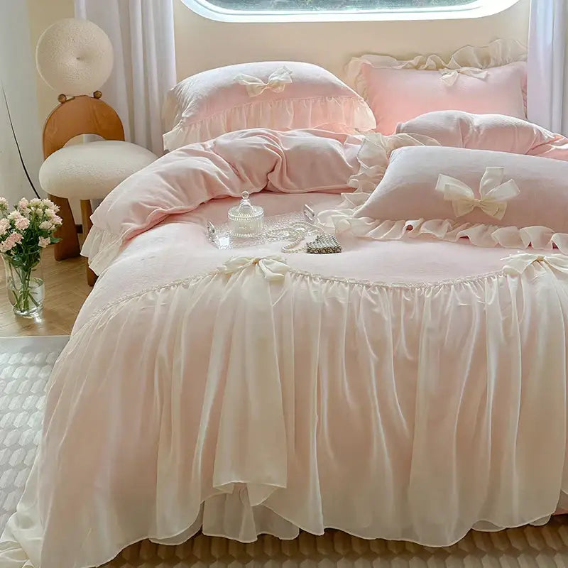 French princess lace pink velvet bedding set bedroom ruffles and bows