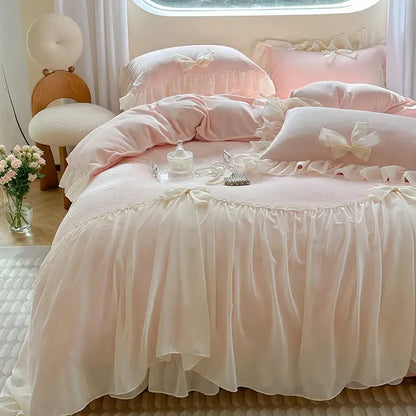 French princess lace pink velvet bedding set bedroom ruffles and bows