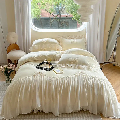 French princess lace pink velvet bedding set bedroom ruffles and bows