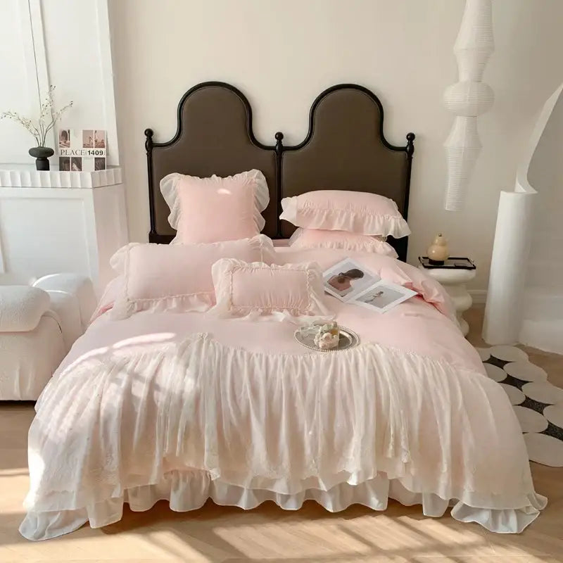 French princess white ruffled lace bedding set bedroom duvet cover