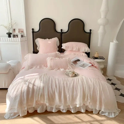 French princess white ruffled lace bedding set bedroom duvet cover