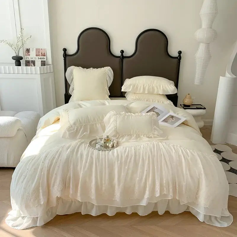 French princess white ruffled lace bedding set bedroom duvet cover