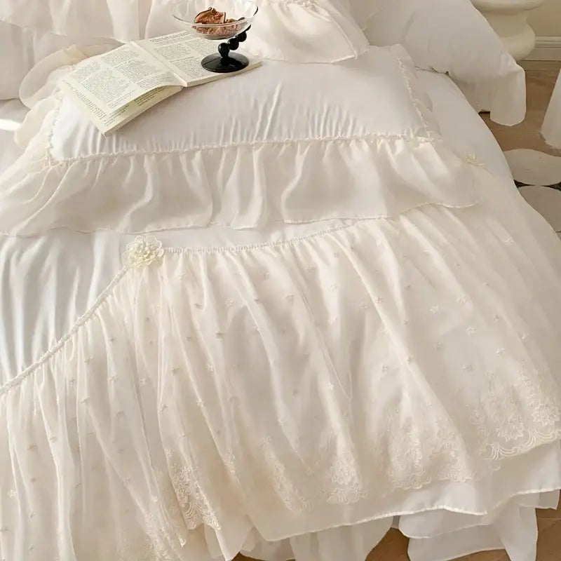 French princess white ruffled lace bedding set bedroom duvet cover