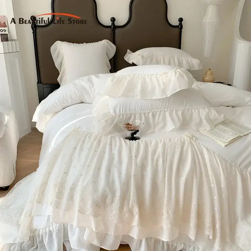 French princess white ruffled lace bedding set bedroom duvet cover